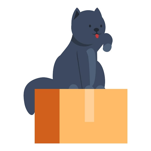 Vector playful cat sitting on cardboard box licking paw