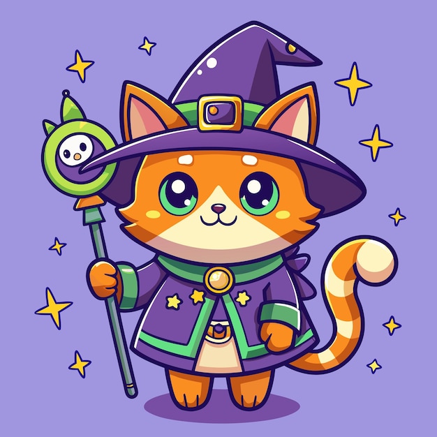 Vector playful cat witch in halloween outfit with magic stick cartoon vector illustration