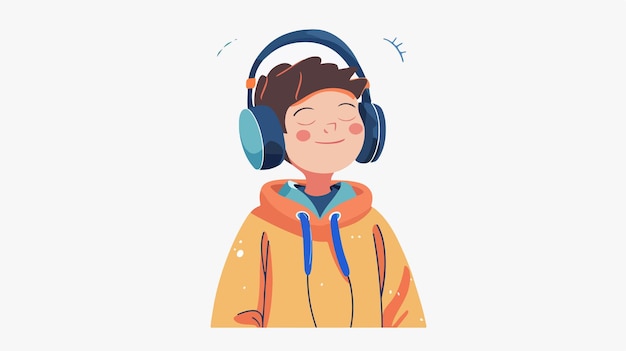 Vector playful child listening to music with headphones in modern flat style vector illustration