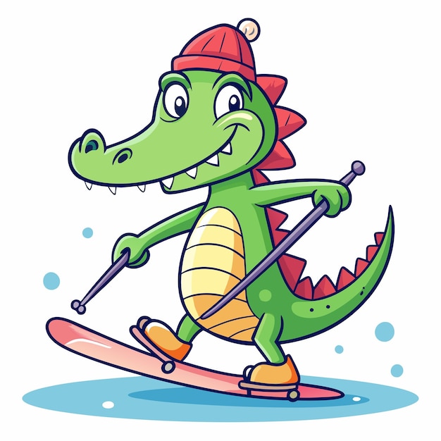 Playful Crocodile Skiing Fun Cartoon Vector Illustration