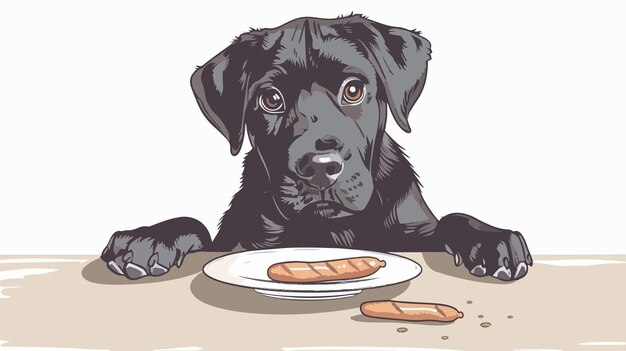 Vector playful dog stealing sausage or food from table