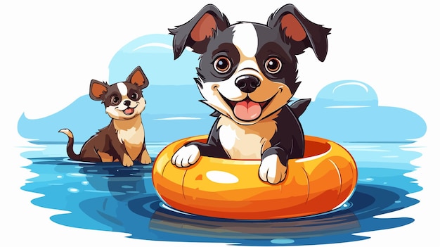 Playful Dog Swimmer with Buoy Mascot Cartoon Vector Illustration