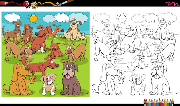 Playful dogs characters group coloring book page