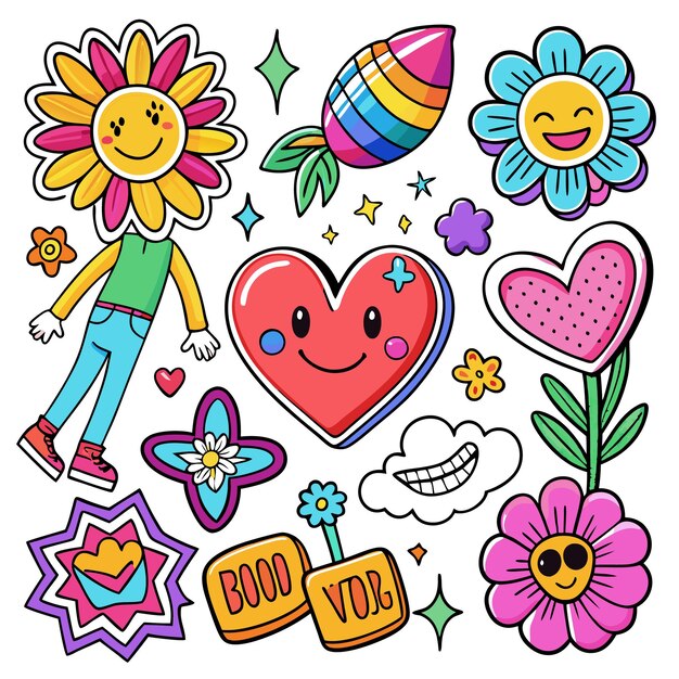 Vector playful doodle art with happy hearts and flowers colorful and whimsical illustrations