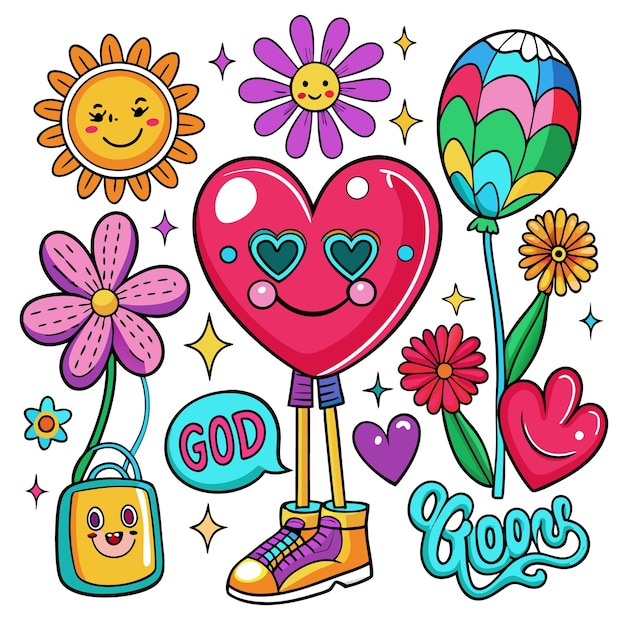 Vector playful doodle art with happy hearts and flowers colorful and whimsical illustrations