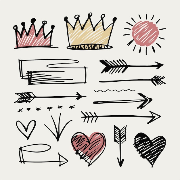 Vector a playful doodle set featuring crowns arrows and hearts drawn with bold lines and bright colors