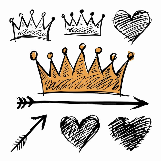 Vector a playful doodle set featuring crowns arrows and hearts drawn with bold lines and bright colors