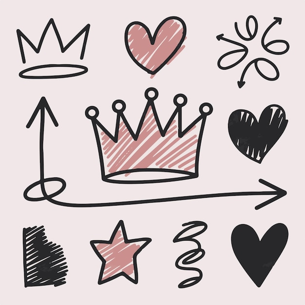 A playful doodle set featuring crowns arrows and hearts drawn with bold lines and bright colors