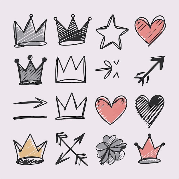 Vector a playful doodle set featuring crowns arrows and hearts drawn with bold lines and bright colors