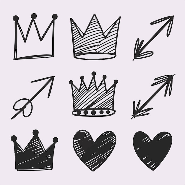 Vector a playful doodle set featuring crowns arrows and hearts drawn with bold lines and bright colors