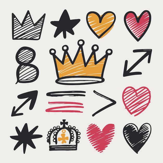 A playful doodle set featuring crowns arrows and hearts drawn with bold lines and bright colors