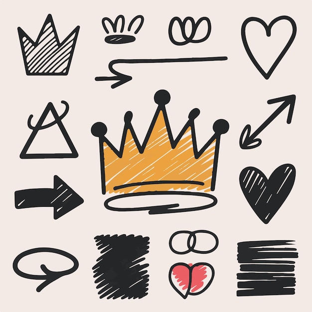 A playful doodle set featuring crowns arrows and hearts drawn with bold lines and bright colors