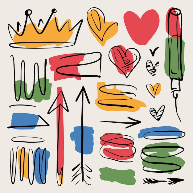 A playful doodle set featuring crowns arrows and hearts drawn with bold lines and bright colors