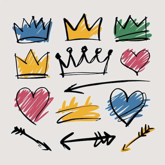 A playful doodle set featuring crowns arrows and hearts drawn with bold lines and bright colors