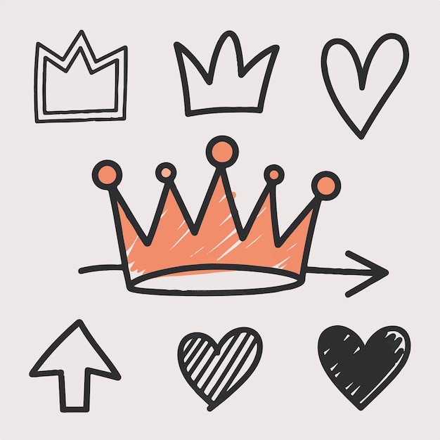 A playful doodle set featuring crowns arrows and hearts drawn with bold lines and bright colors