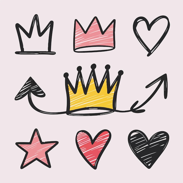 A playful doodle set featuring crowns arrows and hearts drawn with bold lines and bright colors