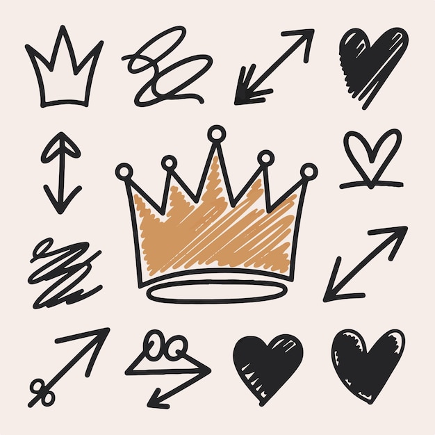 A playful doodle set featuring crowns arrows and hearts drawn with bold lines and bright colors