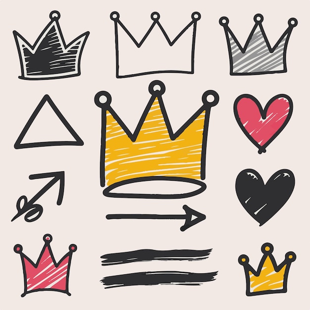 A playful doodle set featuring crowns arrows and hearts drawn with bold lines and bright colors