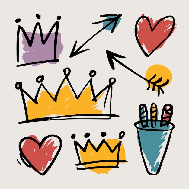 A playful doodle set featuring crowns arrows and hearts drawn with bold lines and bright colors