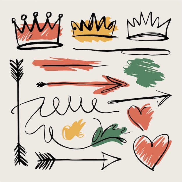 A playful doodle set featuring crowns arrows and hearts drawn with bold lines and bright colors