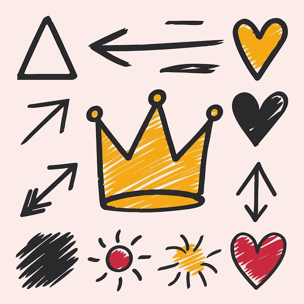 A playful doodle set featuring crowns arrows and hearts drawn with bold lines and bright colors