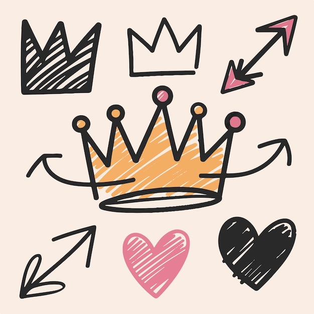 A playful doodle set featuring crowns arrows and hearts drawn with bold lines and bright colors