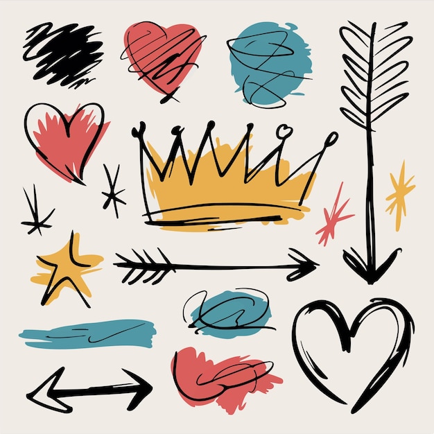 A playful doodle set featuring crowns arrows and hearts drawn with bold lines and bright colors