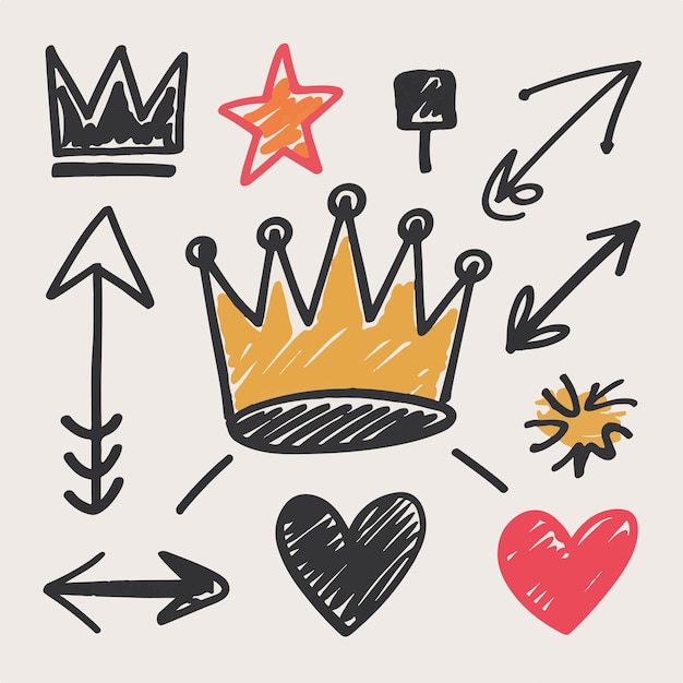 A playful doodle set featuring crowns arrows and hearts drawn with bold lines and bright colors