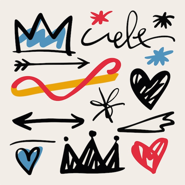 A playful doodle set featuring crowns arrows and hearts drawn with bold lines and bright colors