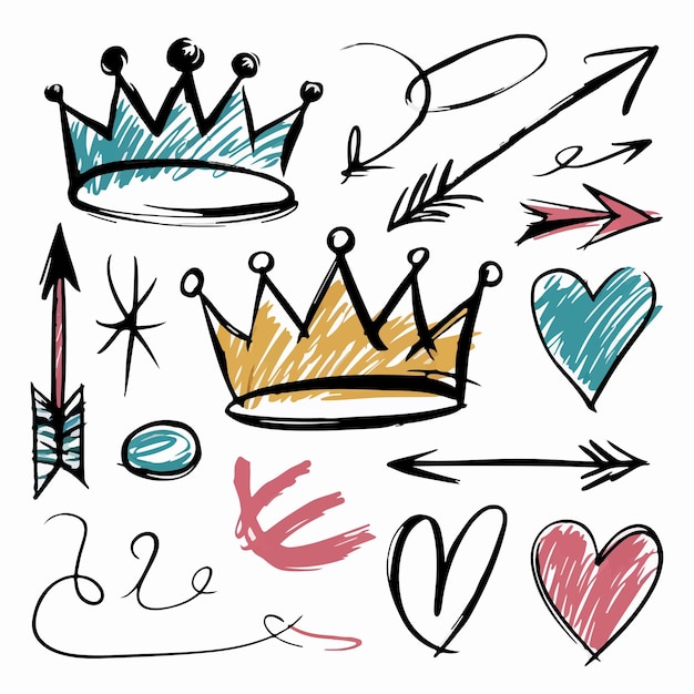 A playful doodle set featuring crowns arrows and hearts drawn with bold lines and bright colors