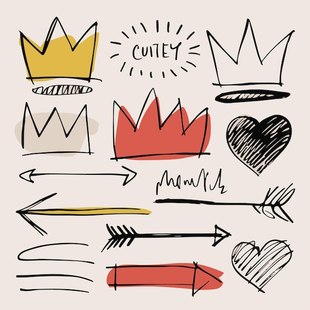 A playful doodle set featuring crowns arrows and hearts drawn with bold lines and bright colors