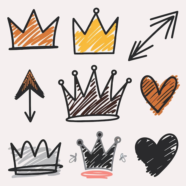 A playful doodle set featuring crowns arrows and hearts drawn with bold lines and bright colors