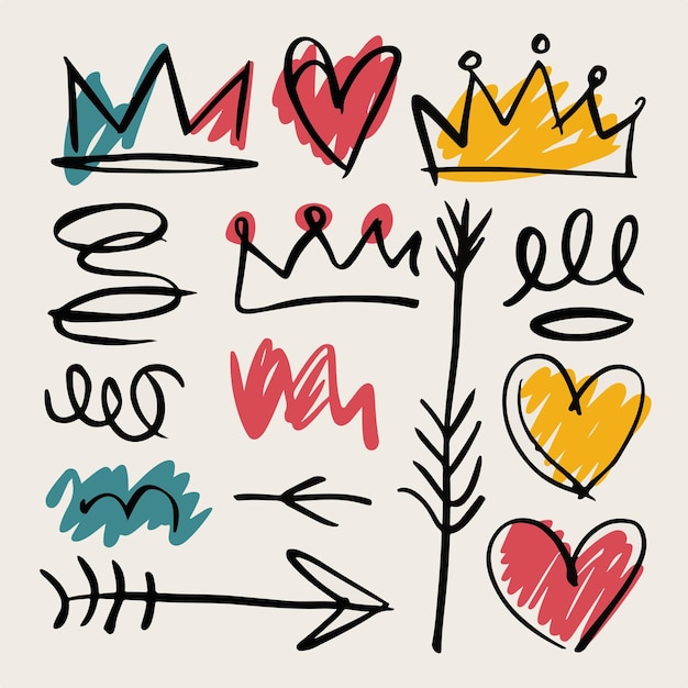 A playful doodle set featuring crowns arrows and hearts drawn with bold lines and bright colors