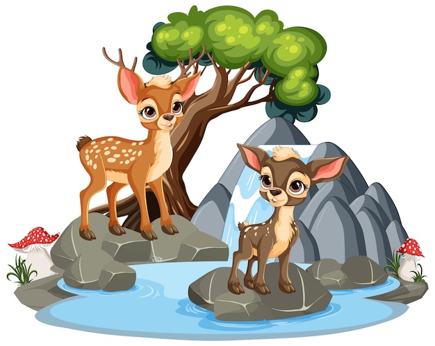 Playful Fawns by the Waterfall Oasis