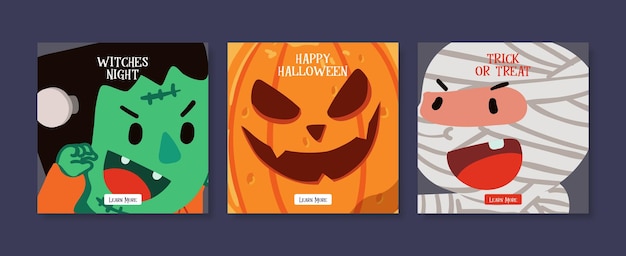 Playful Flat Halloween social media Post template set