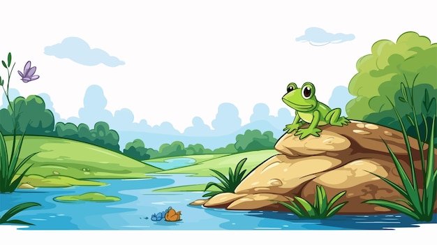 Vector playful frog near river illustration