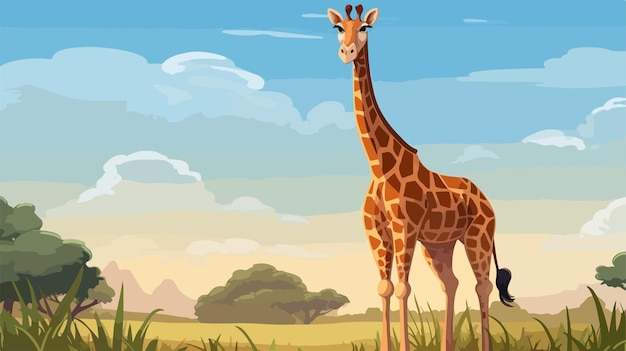 Vector playful giraffe on lush green grass vector cartoon illustration