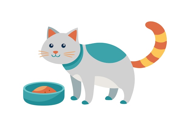 Vector playful gray cat enjoying dinner time next to its bowl