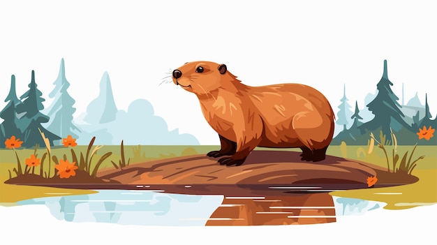 Vector playful groundhog walking in 2d flat cartoon style vector illustration