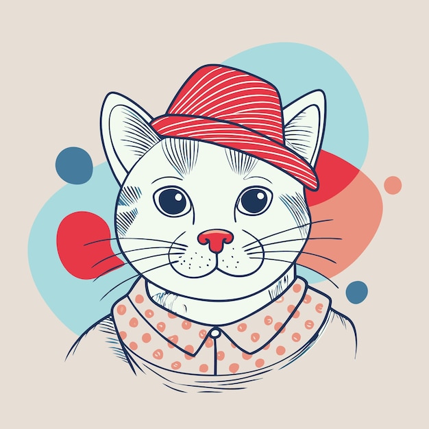 A playful illustration of a cat wearing a hat and shirt