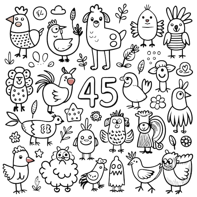 Vector a playful illustration featuring various cartoon chickens and a large number