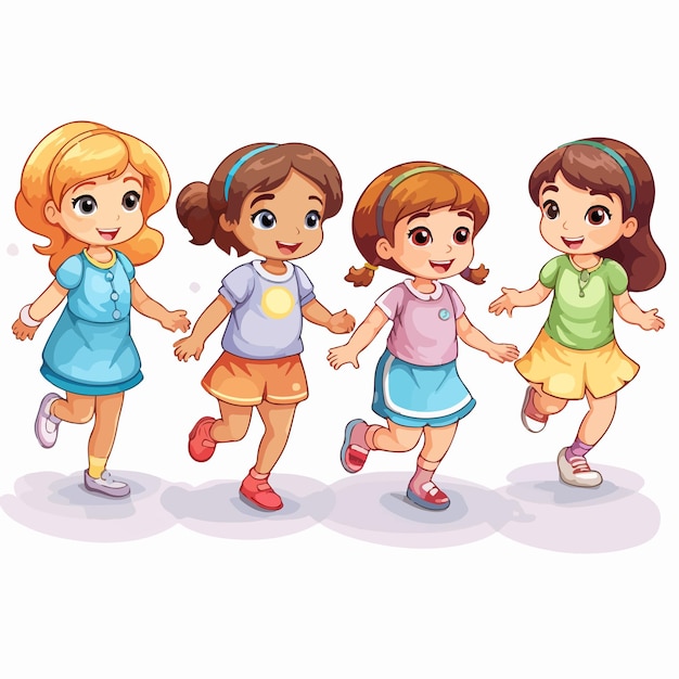 Vector playful illustration of six young girls enjoying fun time together