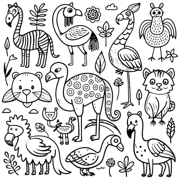 Vector a playful illustration of various animals in a doodle style