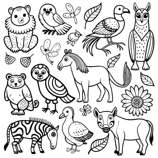 A playful illustration of various animals and nature elements