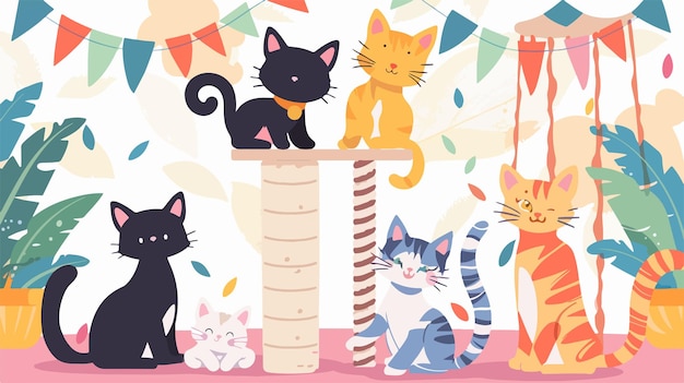 Vector playful international cat day banner with cute kittens