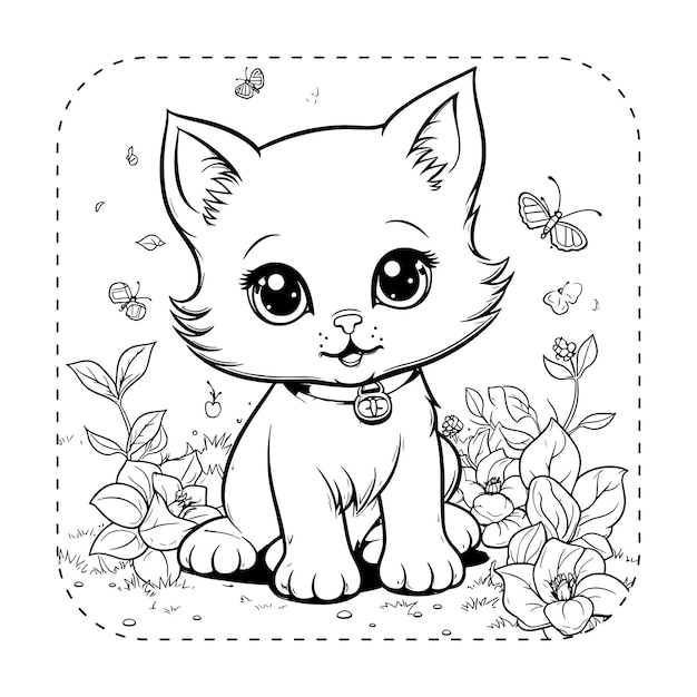 Playful Kitten in the Garden Coloring Book Illustration