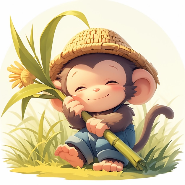 A playful monkey farmer cartoon style