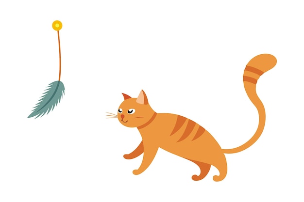 Vector playful orange cat chasing feather toy in a bright