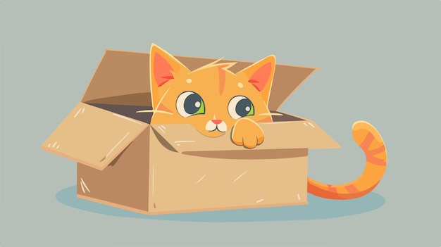 Vector playful orange cat with box sticker cute and funny animal character