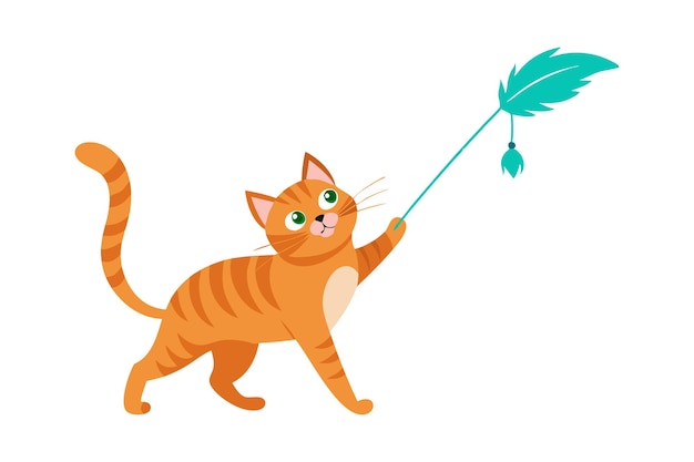 Vector playful orange tabby cat engaging with a feather toy